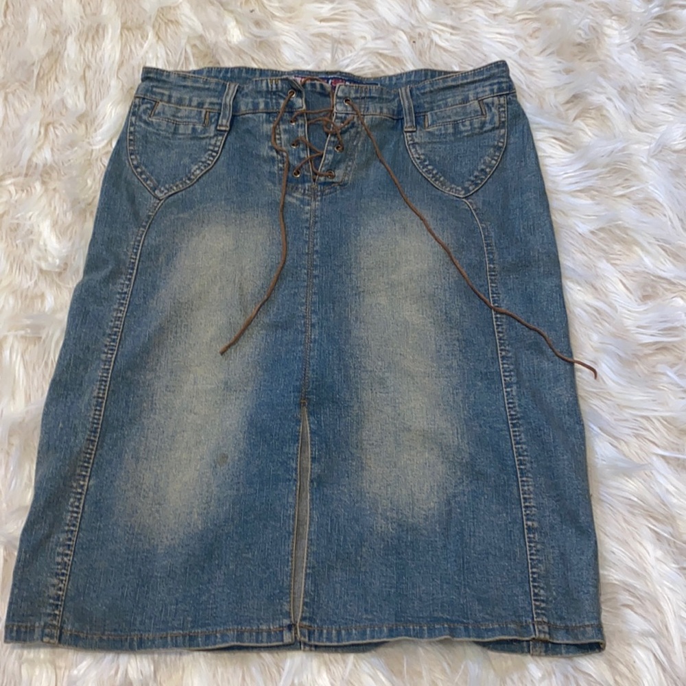 Womens Lace Up Midi Denim Skirt
